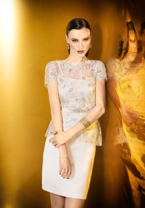 Style #916a, short sleeve lace blouse with spaghetti strap cocktail dress and embellished belt, available in ivory