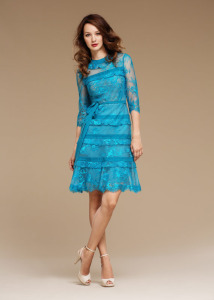 Style #0809, 3/4 sleeves lace ruffled cocktail dress with high neckline, available in turquoise, orange and black