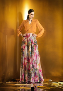 Style #0909, floor length a-line funky print chiffon flowy skirt, available in pink flower print