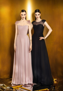 Style #910, illusion neckline pleated chiffon dress with handmade flower embellishment on the shoulders, available in powder, berry, bright blue, mint, red, black, turquoise, gray, purple, blue, pink, peach and orange