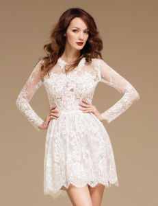 Style #0820, long sleeves high neck lace fit and flare cocktail dress, available in white, black, cream and turquoise