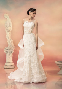 Style #1501L, fit and flare lace sequin wedding dress with removable train, available in ivory