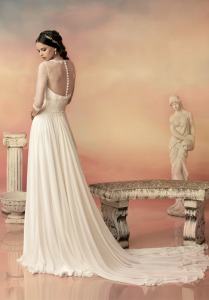 Style #1504, sheath chiffon wedding dress with pleated bodice, available in white and ivory