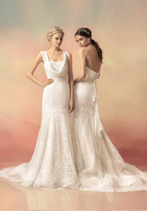 Style #1508La, strapless lace fit and flare wedding gown with sequins, available in ivory