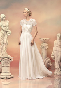 Style #1516, chiffon a-line wedding dress with floral blouse bodice, available in white and ivory