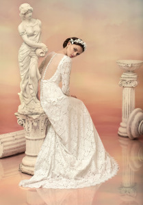 Style #1520L, long sleeve lace a-line wedding dress with illusion back, available in white and ivory