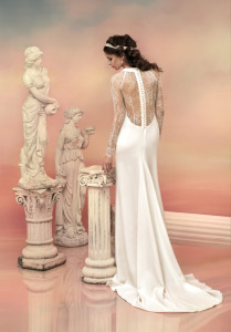 Style #1521L, sheath wedding dress with lace sleeves and back, available in white and ivory