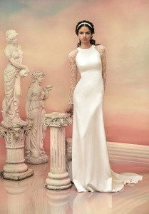 Style #1521L, sheath wedding dress with lace sleeves and back, available in white and ivory