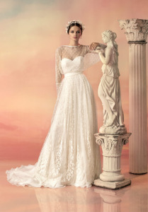 Style #1528L, a-line wedding dress with lace blouson top, available in ivory