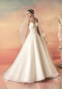 Style #1543L, a-line chiffon wedding dress with draped bodice, available in white and ivory