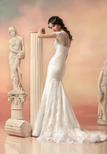 Style #1545L, plunging neckling lace fit and flare wedding dress with beaded waist, available in white and ivory