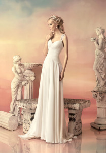 Style #1547L, chiffon a-line wedding dress with ruched bodice and beaded keyhole back, available in white and ivory