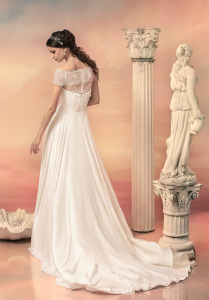 Style #1549L, a-line chiffon wedding dress with embroidered belt and separate off the shoulder sleeve bolero, available in white and ivory