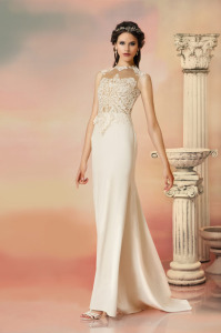 Style #1562, sheath wedding dress with lace bodice and illusion back, available in light ivory