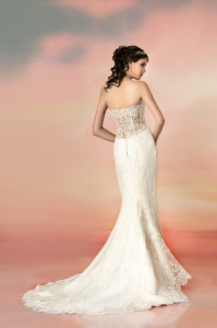 Style #1563L, lace mermaid wedding dress with plunging neckline and sheer back, available in white and ivory