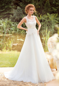 Style #1403, lace and tulle a-line wedding gown, available in white and ivory