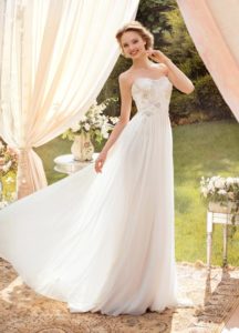 Style #1406, chiffon and lace sheath wedding dress with beaded embroidery, available in ivory