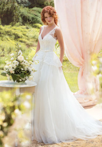 Style #1408, lace ball gown wedding dress with peplum, available in ivory