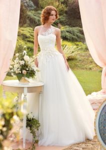 Style #1421, lace and tulle ball gown wedding dress with illusion neckline, available in white and ivory