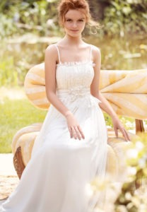 Style #1426, lace and chiffon sheath wedding dress with handmade brooch, available in white and ivory