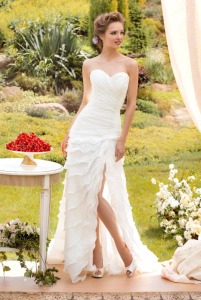 Style #1433, strapless sheath wedding dress with ruffled skirt and slit, available in white and ivory