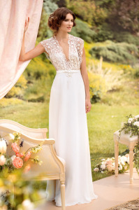 Style #1443, vintage inspired sheath wedding dress with beaded lace bodice, available in ivory