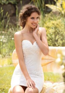 Style #1449, strapless lace short wedding dress, available in white and ivory