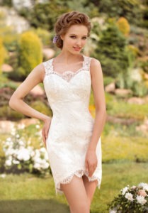 Style #1457, short lace wedding dress, available in white and ivory