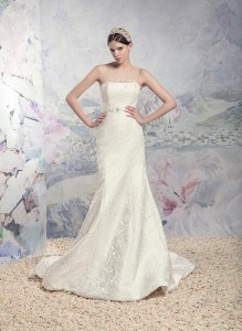 Style #1600L Premium, fit and flare jacquard wedding gown with beaded belt, available in light ivory