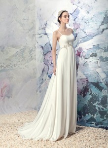 Style #1606L, chiffon sheath wedding dress with spaghetti straps and beading, available in ivory