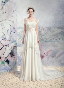 Style #1613L, vintage-inspired sheath wedding dress with lace details, available in white and ivory