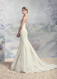 Style #1616L, fit and flare strapless lace wedding gown, available in white and ivory