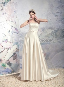 Style #1618L, strapless satin A-line wedding dress with beaded bodice, available in white, cream and ivory