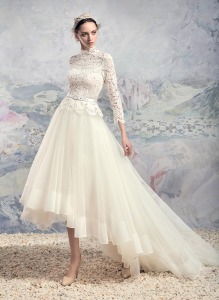 Style #1629, high neck lace blouse with elbow sleeves and high-low tulle skirt, available in white and ivory