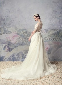 Style #1635L, A-line wedding gown with lace illusion neckline and 3/4 length sleeves, available in ivory