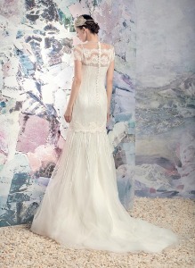 Style #1636Lab, mermaid lace wedding dress with beaded fringe, available in ivory