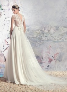 Style #1642L, A-line wedding dress with lace back and keyhole neckline, available in light ivory