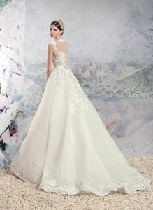 Style #1644L, organza A-line wedding gown with illusion lace bodice and lace trim on the skirt, available in white