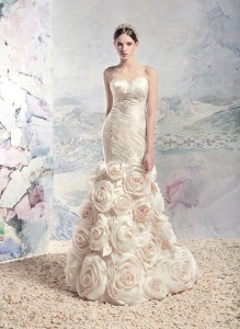Style #1646 Premium, taffeta mermaid wedding dress with rosette skirt, available in ivory and ivory-pink