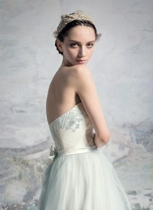 Style #1648L, tulle and taffeta ball gown wedding dress with floral detail, available in light blue, light pink, ivory