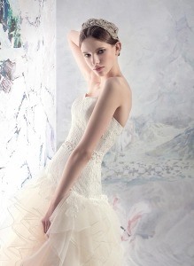 Style #1651L, ball gown wedding dress with layered tulle and lace skirt, available in ivory