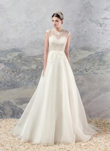 Style #1658, organza A-line wedding dress with lace bodice and cap sleeves, available in ivory