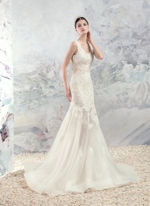 Style #1661, lace mermaid wedding dress with sheer bodice, available in ivory+nude lining