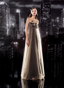 Style #101-b, floor-length silk dress with sheer mesh with flower embroidery on the top, available in black, milk and nude
