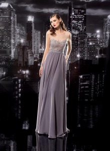 Style #105, floor length dress with a mesh long sleeve with embroidery on top and cuffs, chiffon skirt, available in grey, burgundy and cream