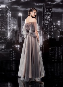 Style #107, off the shoulder floor length dress with bell sleeves, lace top to waist and organza skirt with silk underlining, available in black
