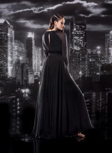 Style #109, long sleeves floor length dress with keyhole back, "T" shape embellishment to the waist, available in black, grey