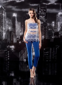 Style #117, long fitted pants, fringe embellishment with clear spaghetti strap on top, available in black, blue, milk, pink-ivory, green, light blue, red and white