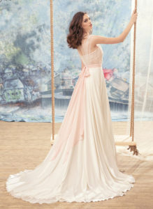 Style #1700L, A-line chiffon wedding dress with beaded lace bodice, available in ivory, ivory-pink (photo)