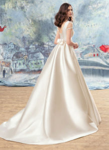 Style #1718L, sheer short sleeve Mikado ball gown wedding dress with embroidery around the waist, available in ivory